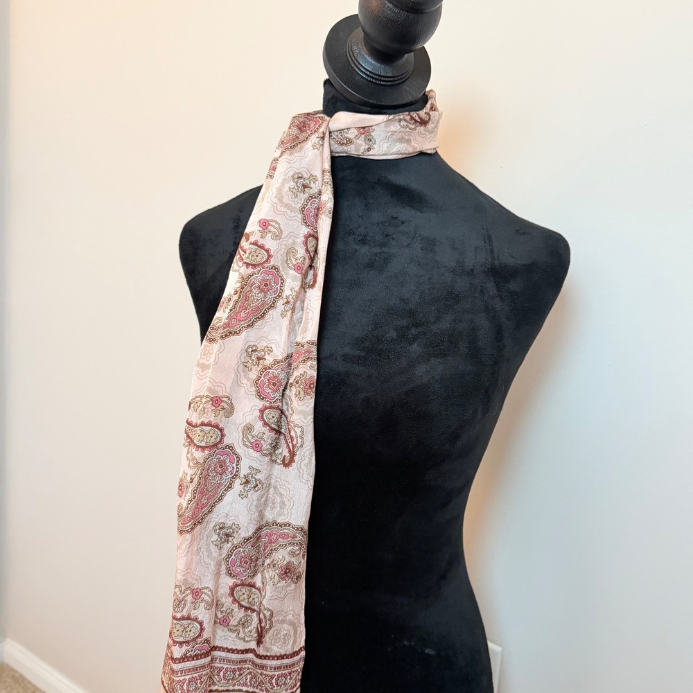 Pink Vintage Scarf Floral Paisley Pattern Elegant Classic Accessory Silk - Picture 2 of 5
